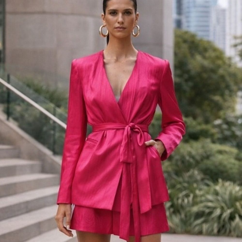 ZARA Blazer SparklyWrinkle Effect Belted Fuschia Pink Size L • NEW WITH TAGS•